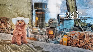 -24℃ Solo Winter Camping with My Dog . Relaxing in the Hot Tent . Wood Stove ASMR