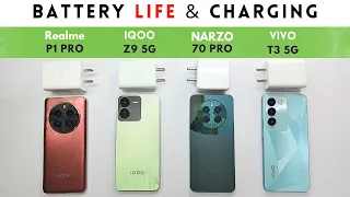 Realme P1 Pro vs iQOO Z9 5G vs Narzo 70 Pro vs VIVO T3 5G | Best Battery Life and Charging Test.