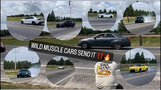 WILD BOYS IN MUSCLE CARS FULL SEND IT LEAVING CAFFEINE & OCTANE CAR MEET! (BURNOUTS & MORE!!)