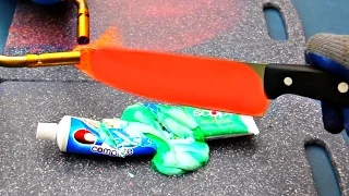 EXPERIMENT Glowing 1000 degree KNIFE VS TOOTHPASTE!