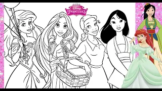 PRINCESSES Coloring Page DISNEY Compilation COLOR ARIEL RAPUNZEL TIANA MULAN All Together Princesses