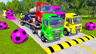 Double Flatbed Trailer Truck vs Speedbumps Train vs Cars | Tractor vs Train Beamng.Drive 0640