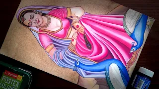 How to draw Lady With Peacock || Step by step Peacock Painting / Rajasthani painting