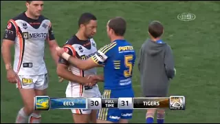 Parramata Eels scored five converted tries in the last 14 minutes against Wests Tigers