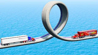 Mack Truck vs Optimus Prime Truck vs Impossible Death Spiral Loop Bridge - BeamNG.Drive