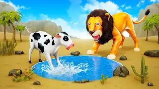 Animal Kingdom Encounter: Crazy Cow vs Thirsty Lion Water Fight! Animal Food Battles 2024