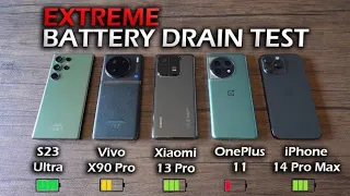 Extreme Battery Test | S23 Ultra vs Vivo X90 Pro vs Xiaomi 13 Pro vs OnePlus 11 vs iPhone 14 Pro Max