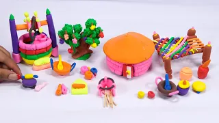 DIY How to make polymer clay miniature house, kitchen set, charpai, water well, tree | Village House