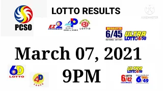 PCSO LOTTO RESULTS 9PM March 07, 2021 draw 3d// 2d// 6/49// 6/58// lotto results