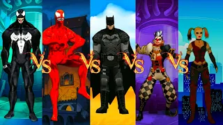 COLOR CHALLENGE DANCE SUPERHERO : VENOM vs CARNAGE vs BATMAN vs JOKER vs HARLEY QUINN