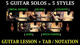 GUITAR SOLOS in every STYLE Lesson TABS | Metal Shred / Blues / Country / Jazz / Rock Fusion