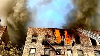 🌟HEAVY FIRE COCKLOFT🌟 FDNY Queens 5th Alarm 7254 Heavy Fire Throughout Top Floor in the Cockloft