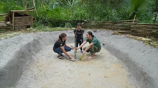 Rebuilding a fish pond with cement with his wife, farm life, survival alone