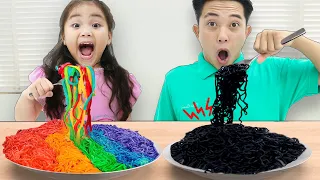 Annie and Suri Pretend Play Magic Colored Noodle Surprises with Colorful Fruits