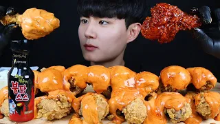 BBQ황금올리브닭다리치킨 불닭소스+치즈소스 리얼사운드 먹방ASMR CHICKEN SPICY FIRE SAUCE mukbang スパイシーなチキン gà ไก่ eating sounds