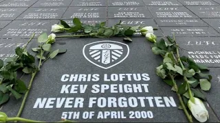 Memorial to Leeds United fans Chris Loftus & Kevin Speight at Elland Road, Leeds in 2023