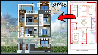 30x45 3 Floor House Design | 3BHK Flat | Ground Floor Parking | Gopal Architecture