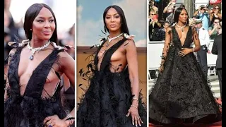 Naomi Campbell Stuns In Plunging Black Feather Gown At Cannes Film Festival