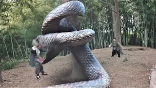 The snake catcher controls the big snake, which is wrapped around the tree!