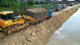 Skill Driver Bulldozer Help Dump Truck Have Problem When Drive Back Unloading Soil