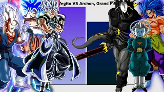 Goku, Gogito and Vegito VS Archon, Grand Priest and Broly | Power Levels