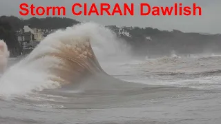 Storm Ciaran hits Dawlish, Devon. Huge waves slam sea defences.