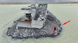 Incredible Project! Amazing Bulldozer Pushing Big Stone into Water build New Road In the middle Lake