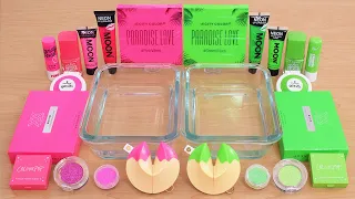 Neon Pink vs Neon Green - Mixing Makeup Eyeshadow Into Slime ASMR