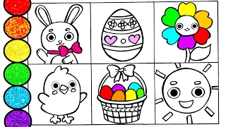 How to draw Easter- Surprise Egg Bunny Sun Flower and others- Glitter Art for kids