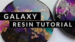 Galaxy Resin Coasters: Tutorial 3D galaxy effect, with planets and shimmer. Gold and Silver leaf
