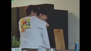Taetae clinging to jungkook's back while jungkook fries pork belly for him😭😭😭