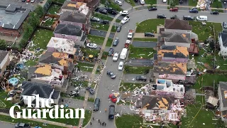 Ontario tornado: aerial views show extent of damage to building in Canadian town