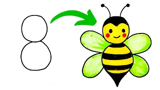 How to Draw Bee from 8, Easy Cute Bee Drawing, Drawing Animals by Numbers Step by Step for Kids