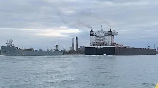 Prentiss Brown And St. Marys Challenger Passing Thousand Foot Freighter American Integrity Salute