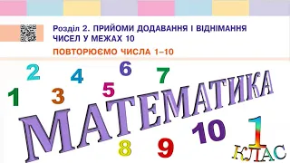 Математика 1 клас НУШ. ПРИЙОМИ ДОДАВАННЯ І ВІДНІМАННЯ У МЕЖАХ 10. Повторюємо числа 1 - 10 (с. 45)