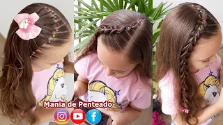 Penteado Infantil lateral com ligas coloridas em amarração ou trança falsa