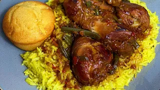 Let’s Cook with Me || Brown stew chicken drumsticks with greens | Yellow rice | Cornbread