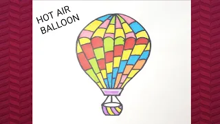 Easy & Simple drawing of Hot Air Balloon for Beginners | Colorful Hot Air Balloon diagram with seat