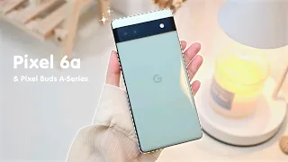 Google Pixel 6a Green Unboxing 🍈 aesthetic | pixel buds a -series | compare with iPhone SE