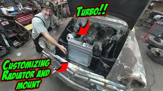 Installing our turbo and modifying our radiator to fit our needs.