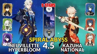 4.5 Spiral Abyss│Neuvillette Hyperbloom & Kazuha National | Floor 12 - 9 Stars | Genshin Impact