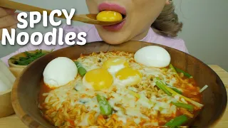 CHEESY SPICY KOREAN Noodles with SOFT BOILED EGGS *NO Talking Eating Sounds | N.E Let's Eat