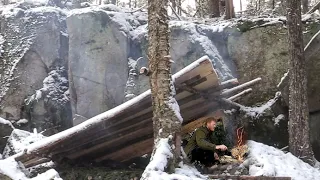 Winter Bushcraft Build Natural Primitive Bark Roof Lean to Survival Shelter Snowfall Cook on Stone