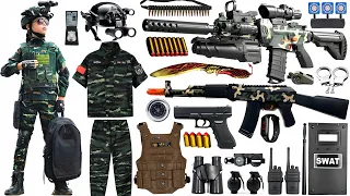 Special police weapon unboxing video, camouflage M416 gun, AK-47, unboxing toy video, dagger, knife