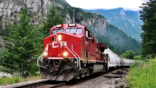 CP And CN Trains Meeting On Both Sides Of The Fraser River In The Canyon - British Columbia