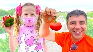 Nastya et papa cueillent des légumes et des fraises dans les fermes pour maman