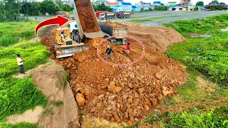 Nice Project Part 4 !! Nice Talent Skill Bulldozer KOMATSU D58P Pushes Soil to Water & Truck 25.5 T