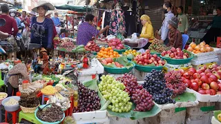 Cambodian Food Market Scene - Plenty Fresh Fruit, Vegetable, Fish, Beef, Pork & More in Market