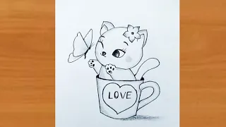 Baby kitten inside love Cup playing with butterfly | Simple art with rose | cat drawing easy