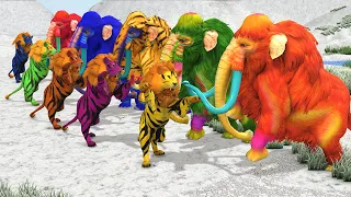 Five Zombie Mammoths Vs 5 Zombie Lion Tiger Fight on Snow |Mammoths Save Baby Mamot from Lion Attack